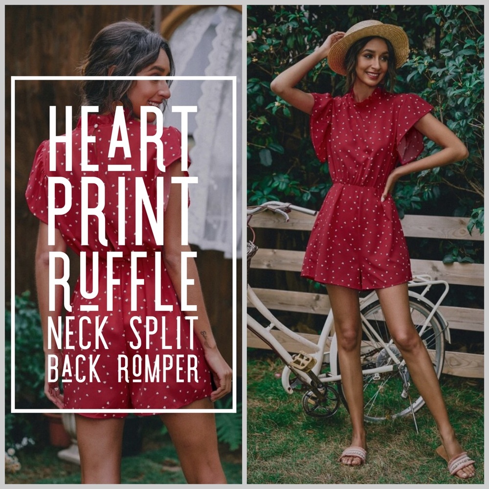 NWOT: Heart Print Ruffle Neck Split Back Romper